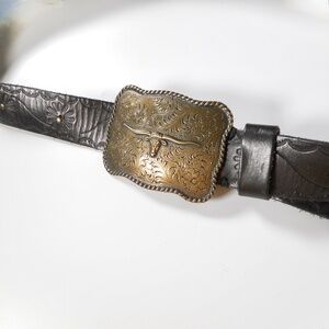 Cowgirl Dark Brown Faux Leather Belt Bull Buckle Waist 33-36" Floral Stamp